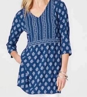 NWT $79 J Jill Blue Printed 3/4 Sleeve Tunic Blouse V-Neck Side Slit Size L